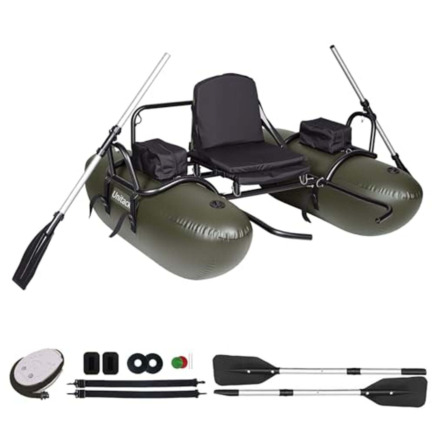Pontoon-style inflatable belly boat with adjustable footrest and folding padded seat