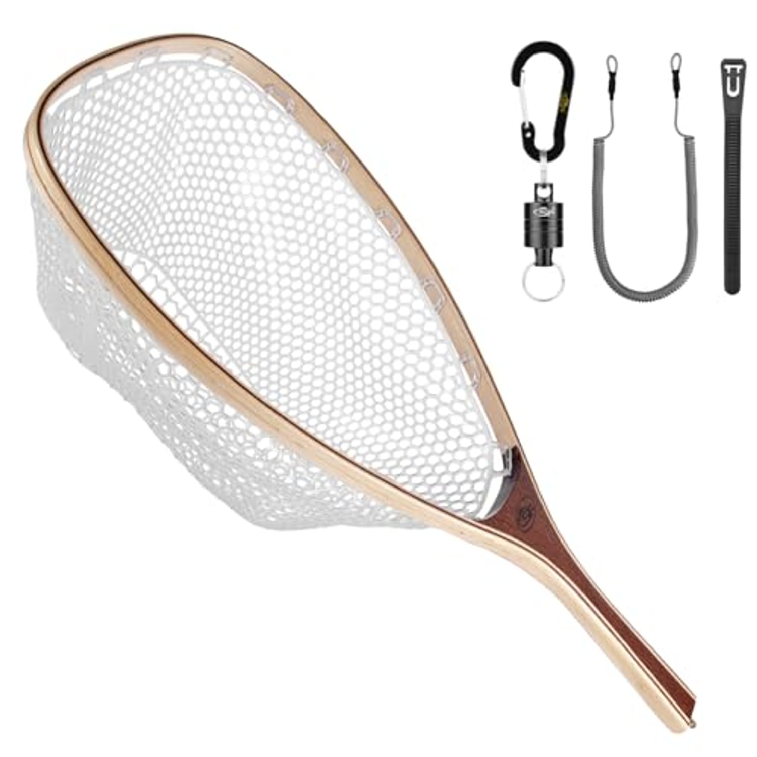 SF fly fishing landing net with wooden frame and soft rubber mesh